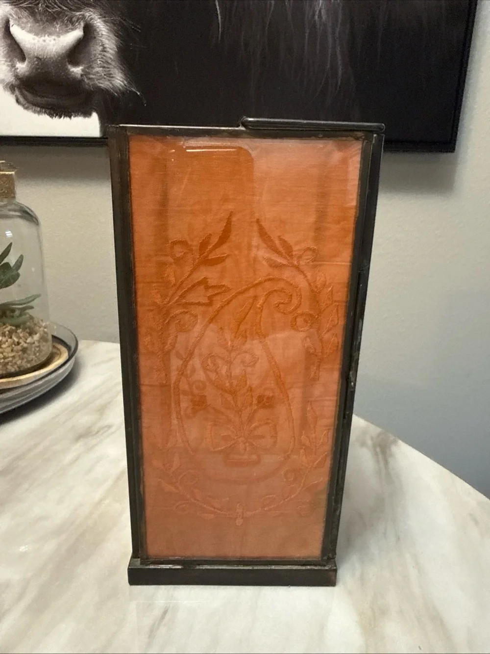Square lantern paper thin stitching inside glass